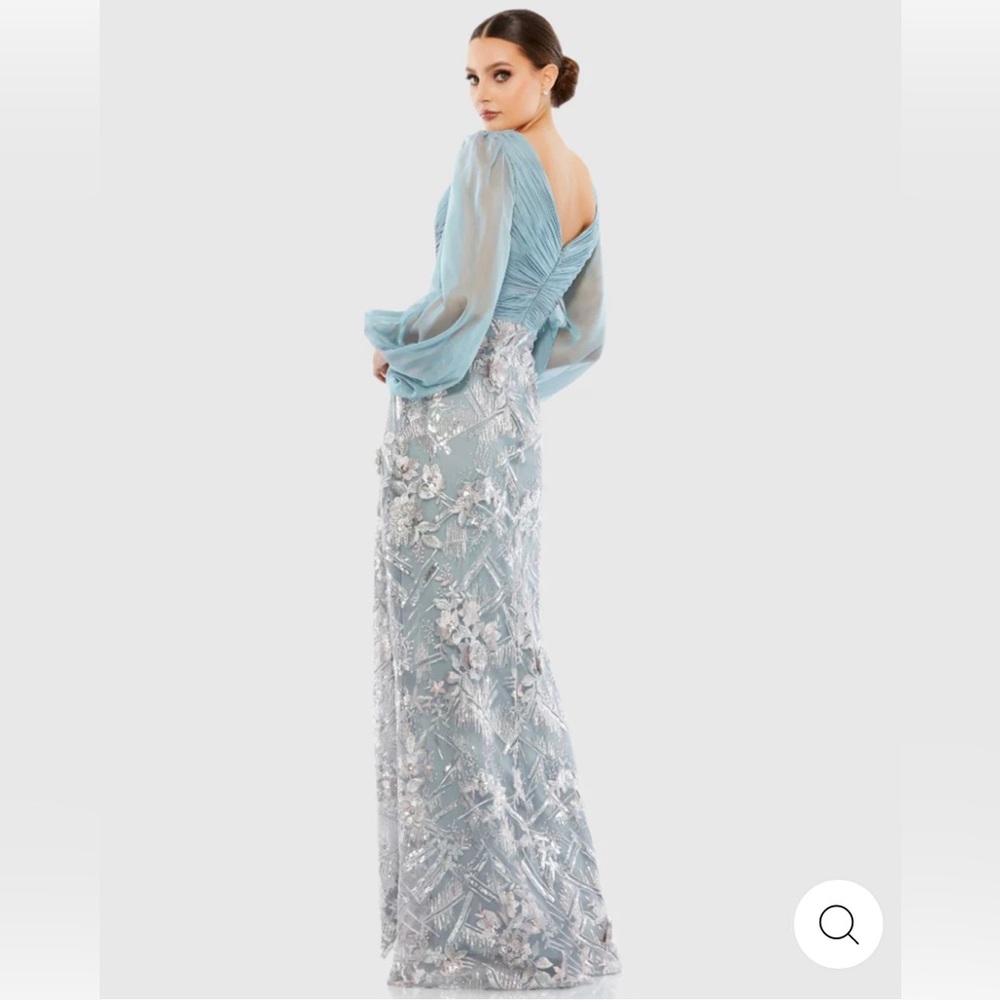 Mac Duggal puff sleeve pleated bodice embellished gown- Slate blue color-Size 10